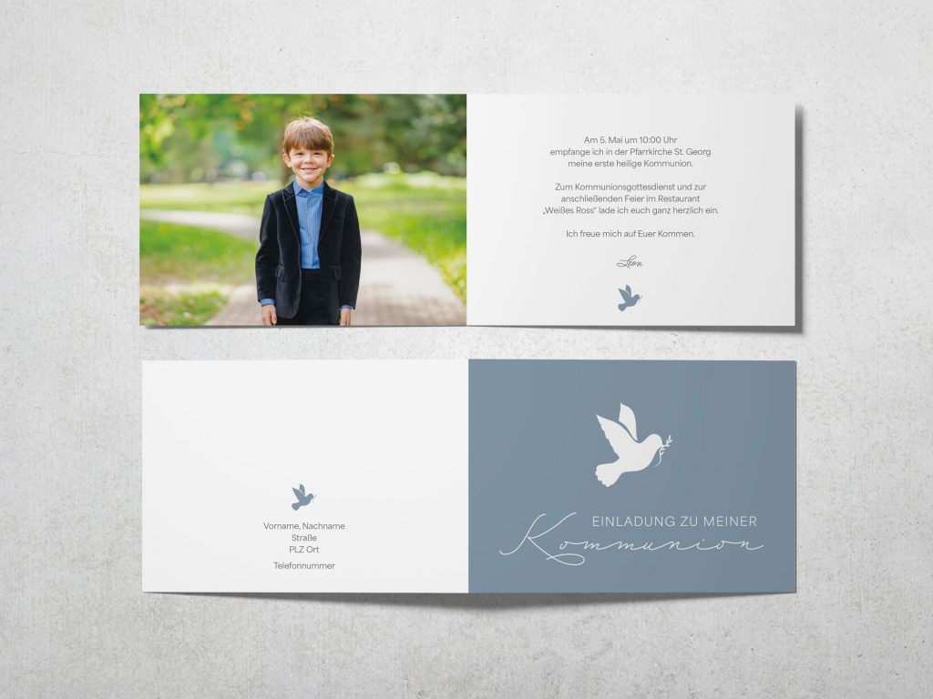 Kommunion_Taube_Blau_A6_quer_offen